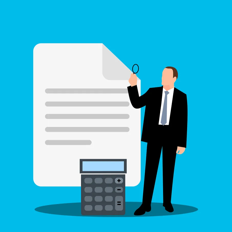 Illustration of a man in a suit holding a magnifying glass to a large document and a calculator on a blue background